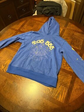 Blue Graphic Spiderweb Hoodie with Yellow Accents